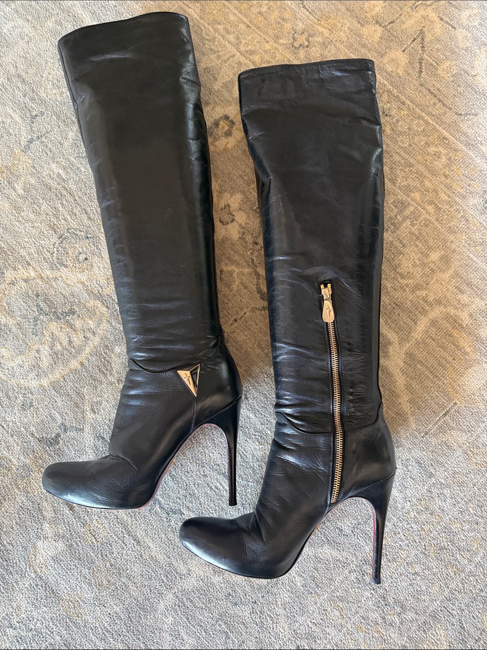 Cesare Paciotti Black Leather OTK Stiletto Boots with Gold Zip 39/8-8.5